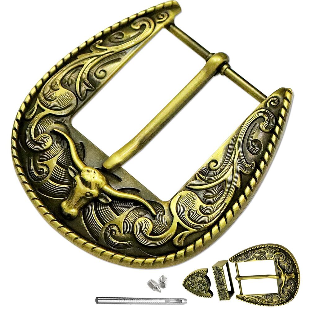 7674 3Pcs Western Replacement Belt Buckles 1.5"38mm LongHorn Bull Engraved